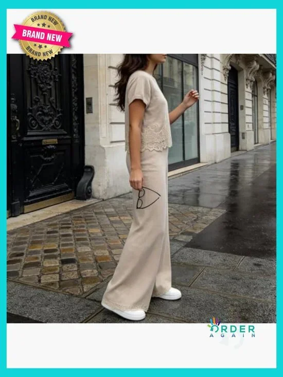 Knit Lace Pattern Top and Pants Set Chic Casual Loungewear Relaxed Fit - Picture 4 of 5